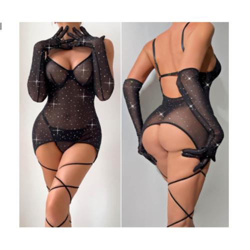 See-through Solid Rhinestone Glove Ties Three-Piece Set