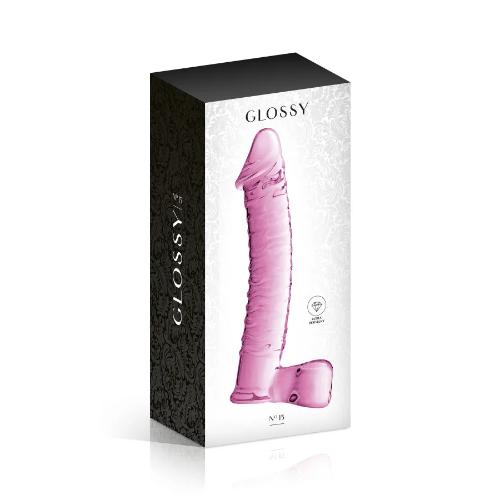 Glossy Toys No. 15, realistic pink glass dildo with testicles, 21cm